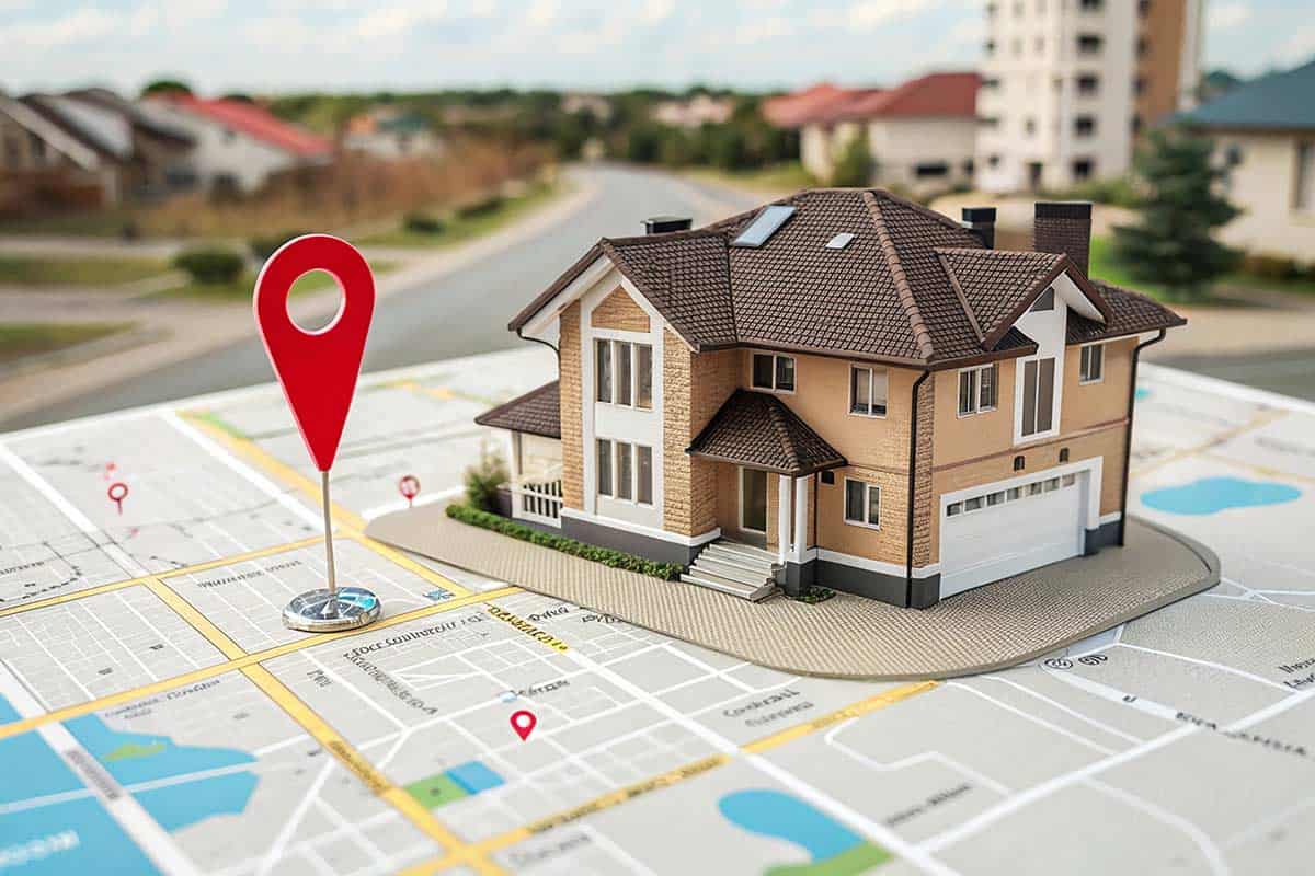 house building on top of a map with a pointer.